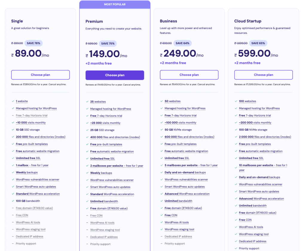 Hostinger plans and services